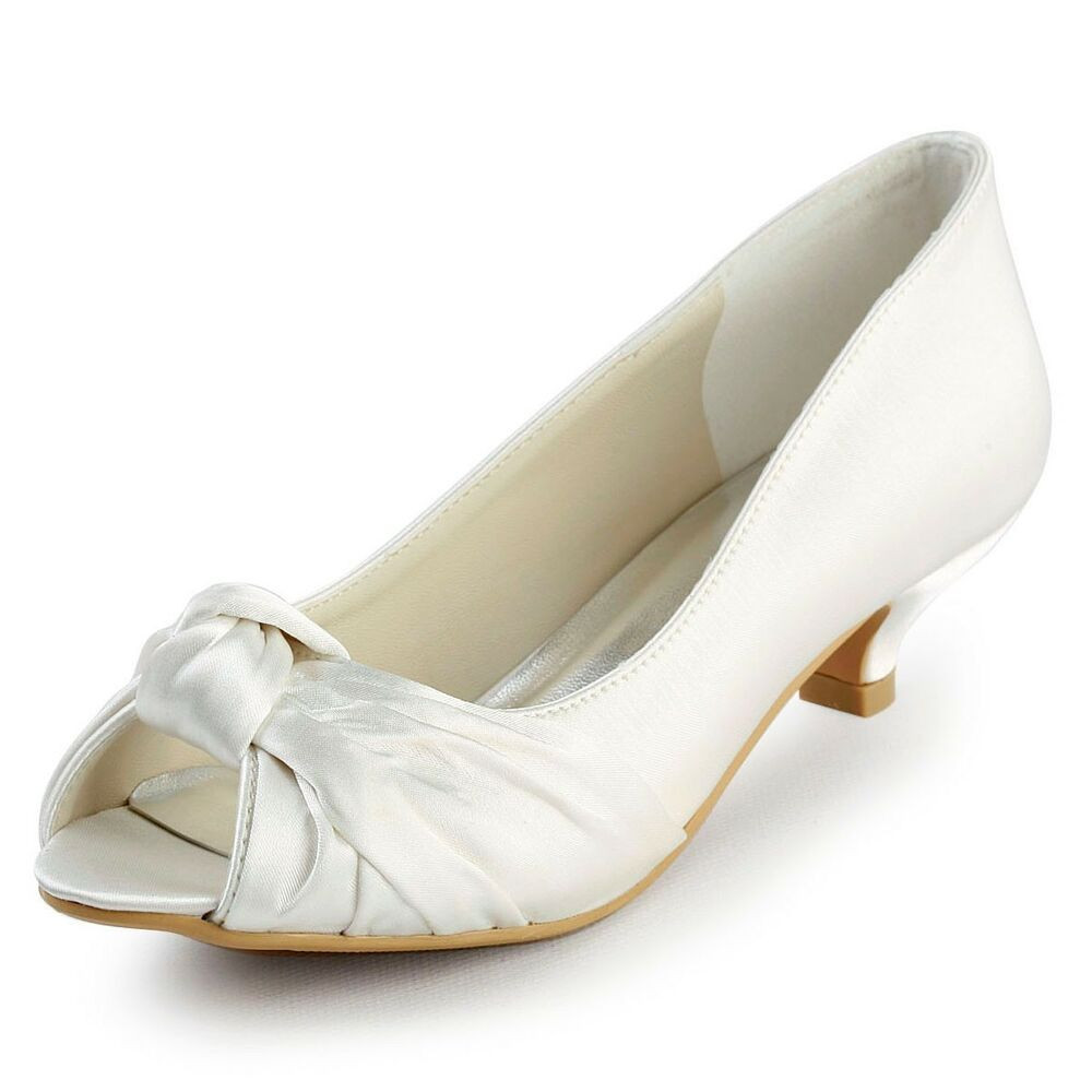 Wedding Shoes For Bride Low Heel
 EP2045 White Ivory Women Peep Toe Low Heel Satin Wedding