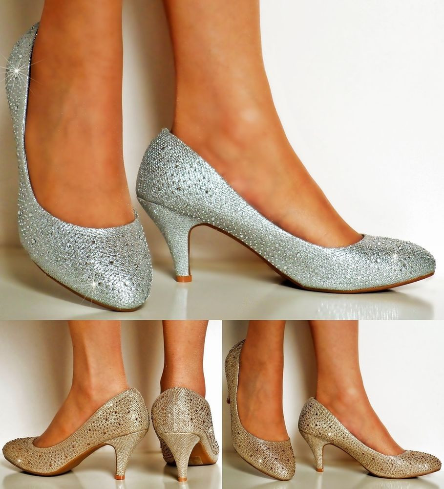 Wedding Shoes For Bride Low Heel
 La s Diamante Low Heel Gold Silver Party Bridal Heel