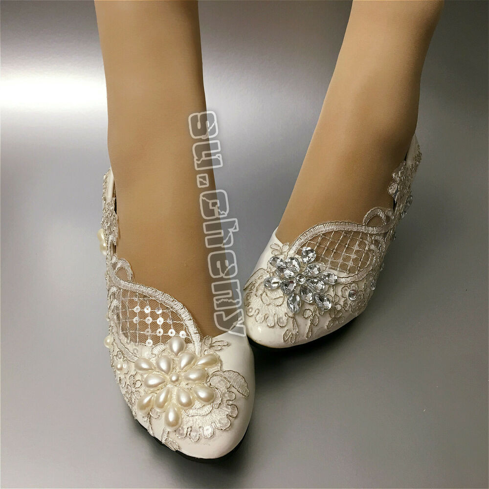 Wedding Shoes For Bride Low Heel
 Lace white ivory crystal Wedding shoes Bridal flats low