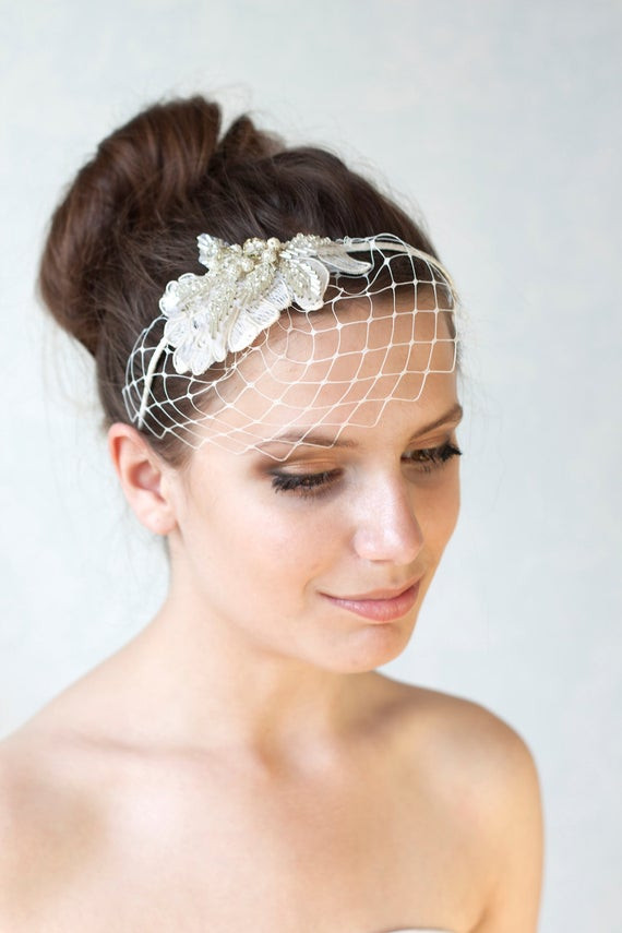 Wedding Veils And Headbands
 Bridal ivory birdcage veil with Swarovski crystal beads
