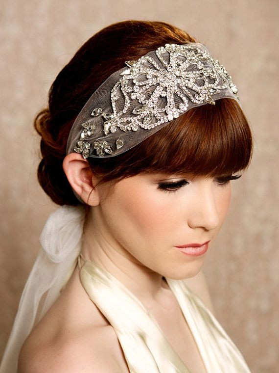 Wedding Veils And Headbands
 Crystal Headband Veil Head Wrap Art Deco Vintage by