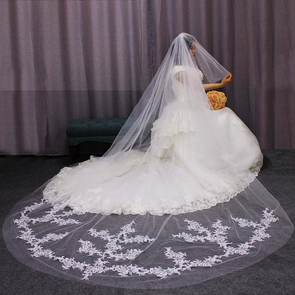 Wedding Veils Covering Face
 Long 2 T Wedding Veil Lace Appliques 2 Layers Cover Face