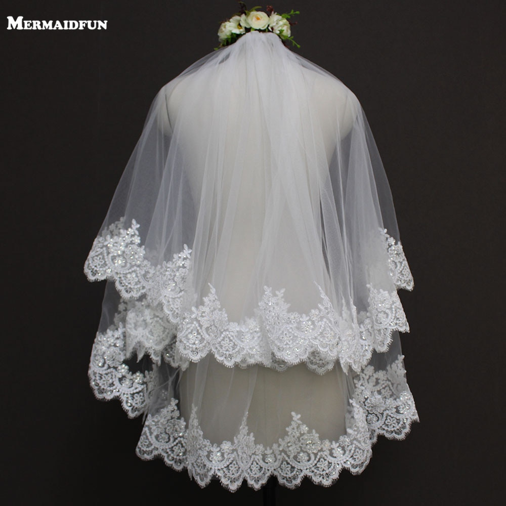Wedding Veils Covering Face
 Real Sparkling Sequins Lace 2 Layer Short Wedding