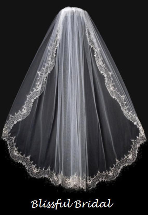 Wedding Veils With Beaded Edge
 Embroidered Beaded Edge Wedding Veil Vintage Wedding Veil