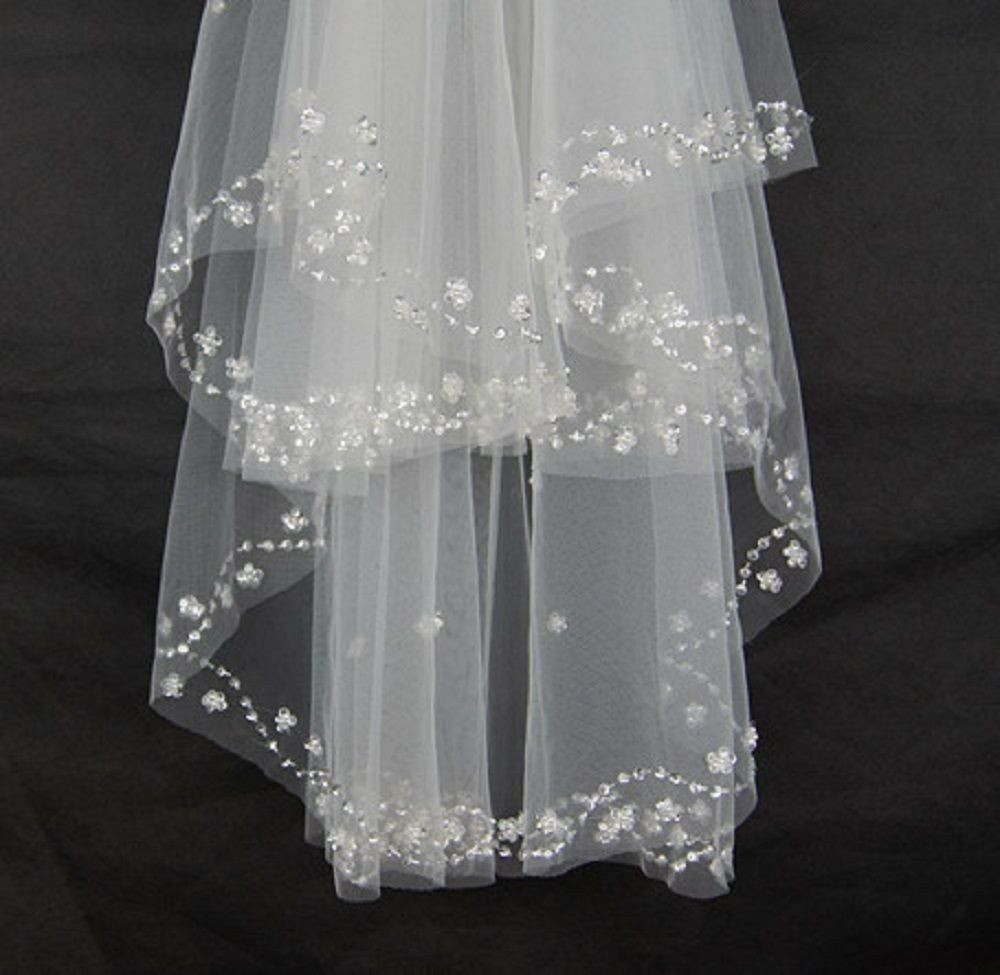 Wedding Veils With Beaded Edge
 2T White ivory Elbow Beaded Edge Sequins Handmade Bridal