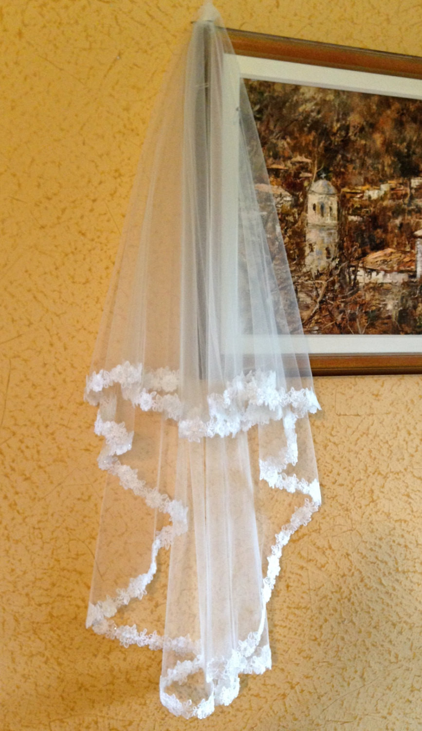 Wedding Veils With Beaded Edge
 Lace Wedding Veil with Beaded Flower Edge in Hip Length two