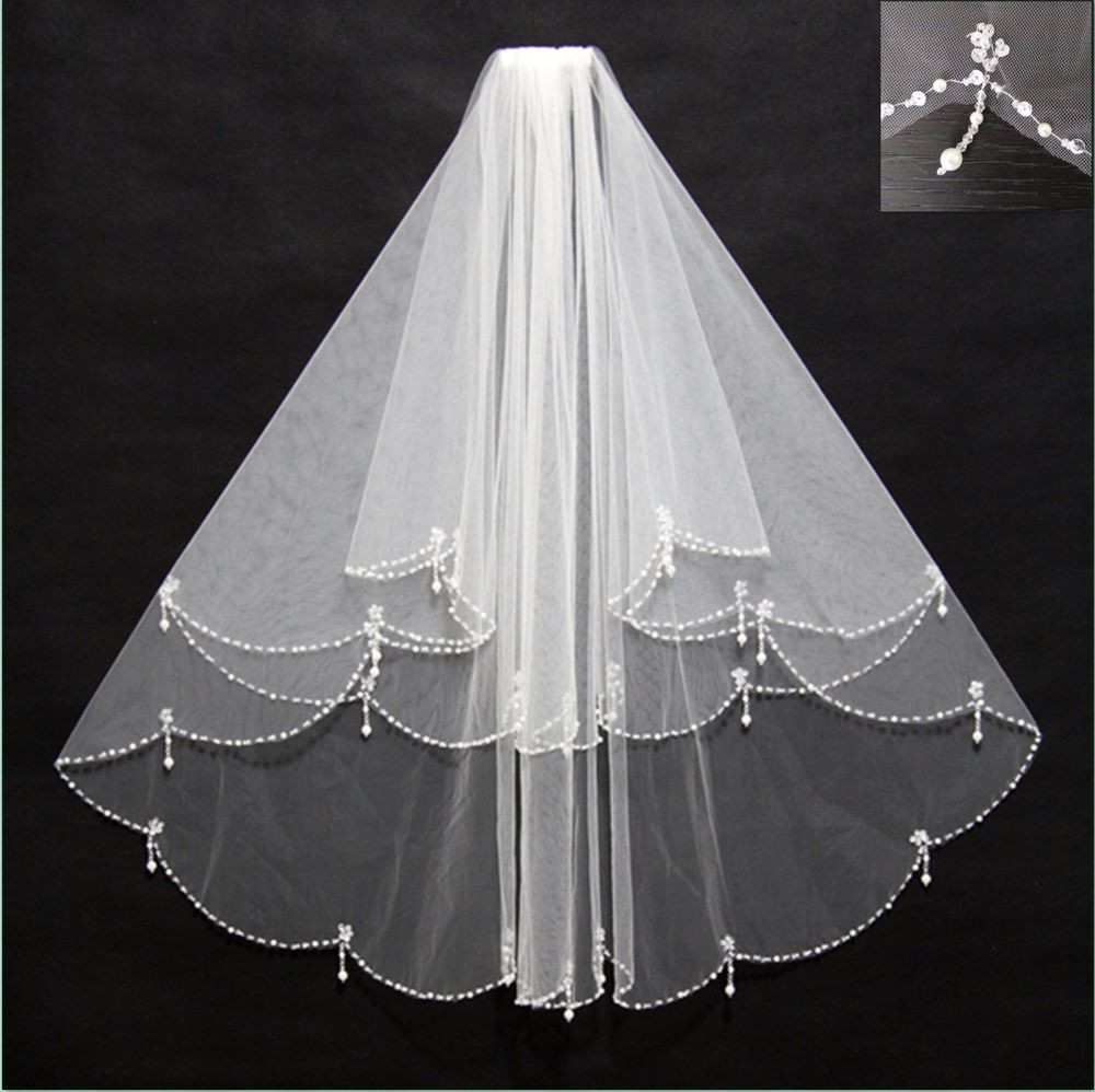 Wedding Veils With Beaded Edge
 White Ivory Beaded Edge Pearl Sequins Wedding Bridal Veil