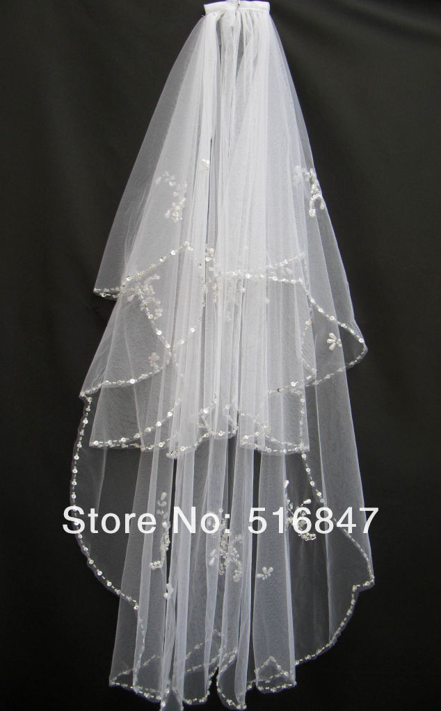 Wedding Veils With Beaded Edge
 New Elegant 2 Layer Tulle Beaded Pearls Wedding Veil Beads