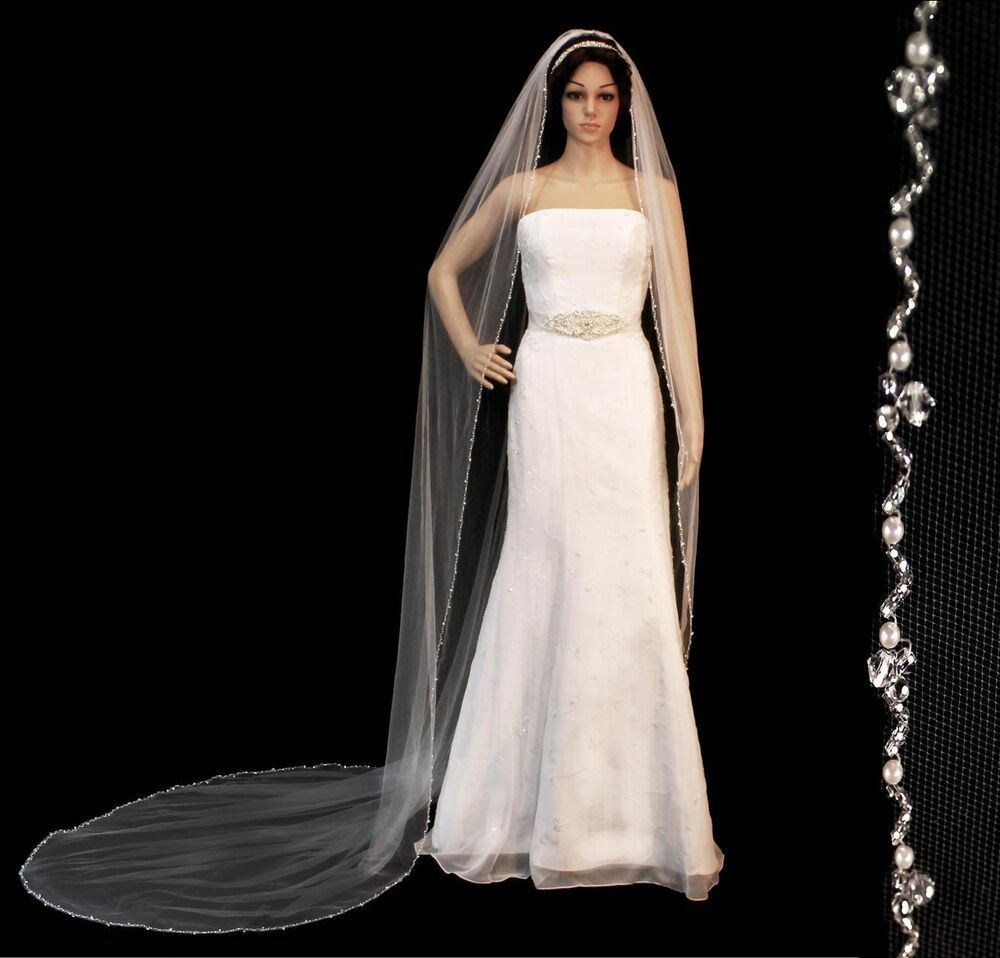Wedding Veils With Beaded Edge
 Crystal Pearl Beaded Edge Cathedral Bridal Wedding Veil