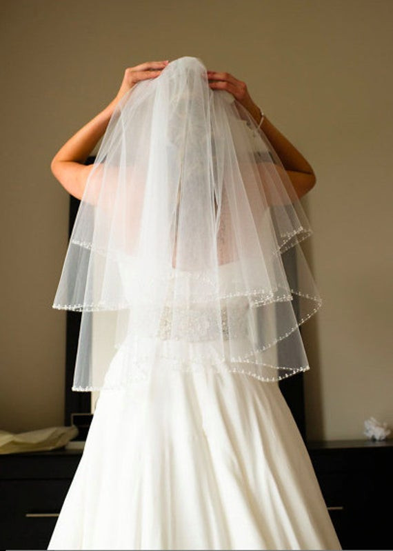 Wedding Veils With Beaded Edge
 Pearl Beaded Wedding Veil Circular Cut Bridal Veil by