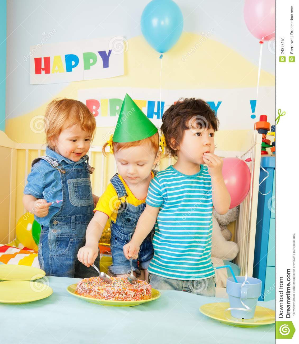 What To Serve At A Kids Birthday Party
 Three Kids Eating Cake The Birthday Party Stock Image
