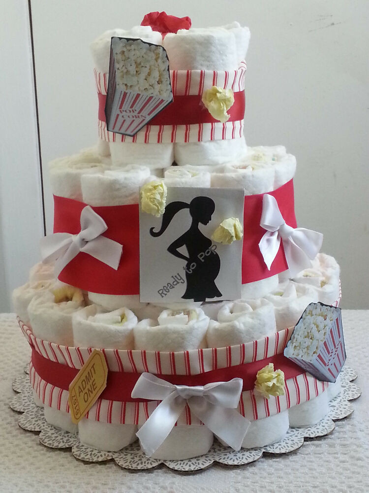 White Baby Shower Cake
 3 Tier Diaper Cake Red White Ready to Pop Baby Shower Gift