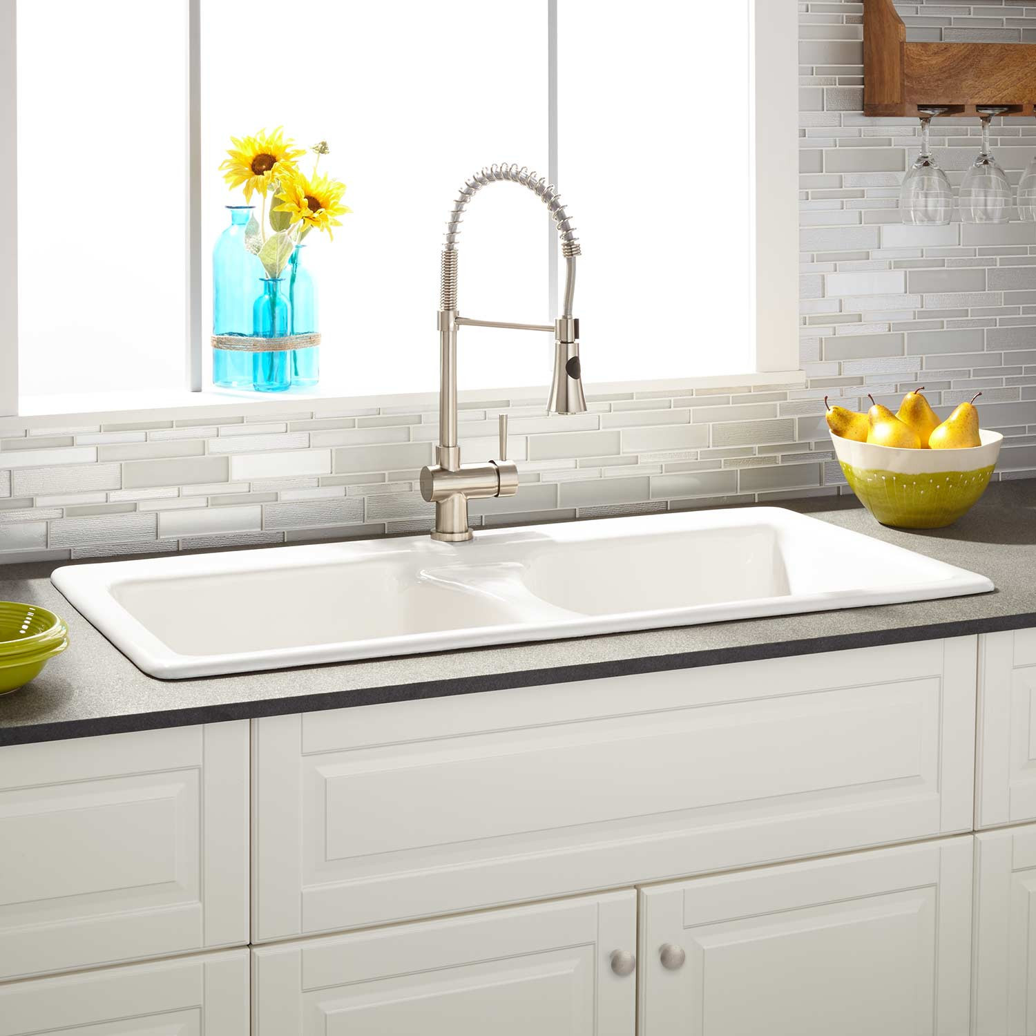 White Drop In Kitchen Sinks
 43" Selkirk White Double Bowl Cast Iron Drop in Kitchen