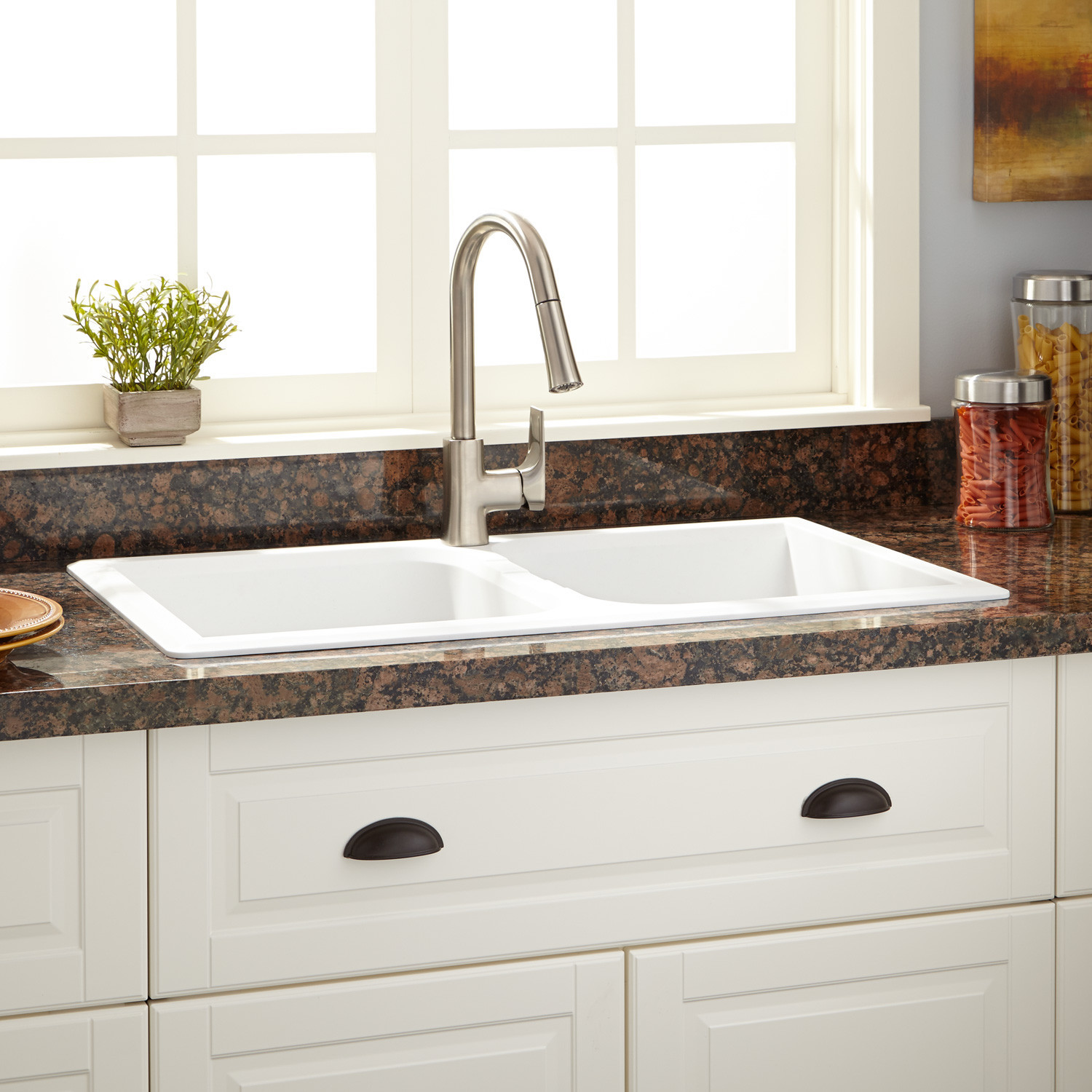 White Drop In Kitchen Sinks
 34" Evart Double Bowl Drop In Granite posite Sink