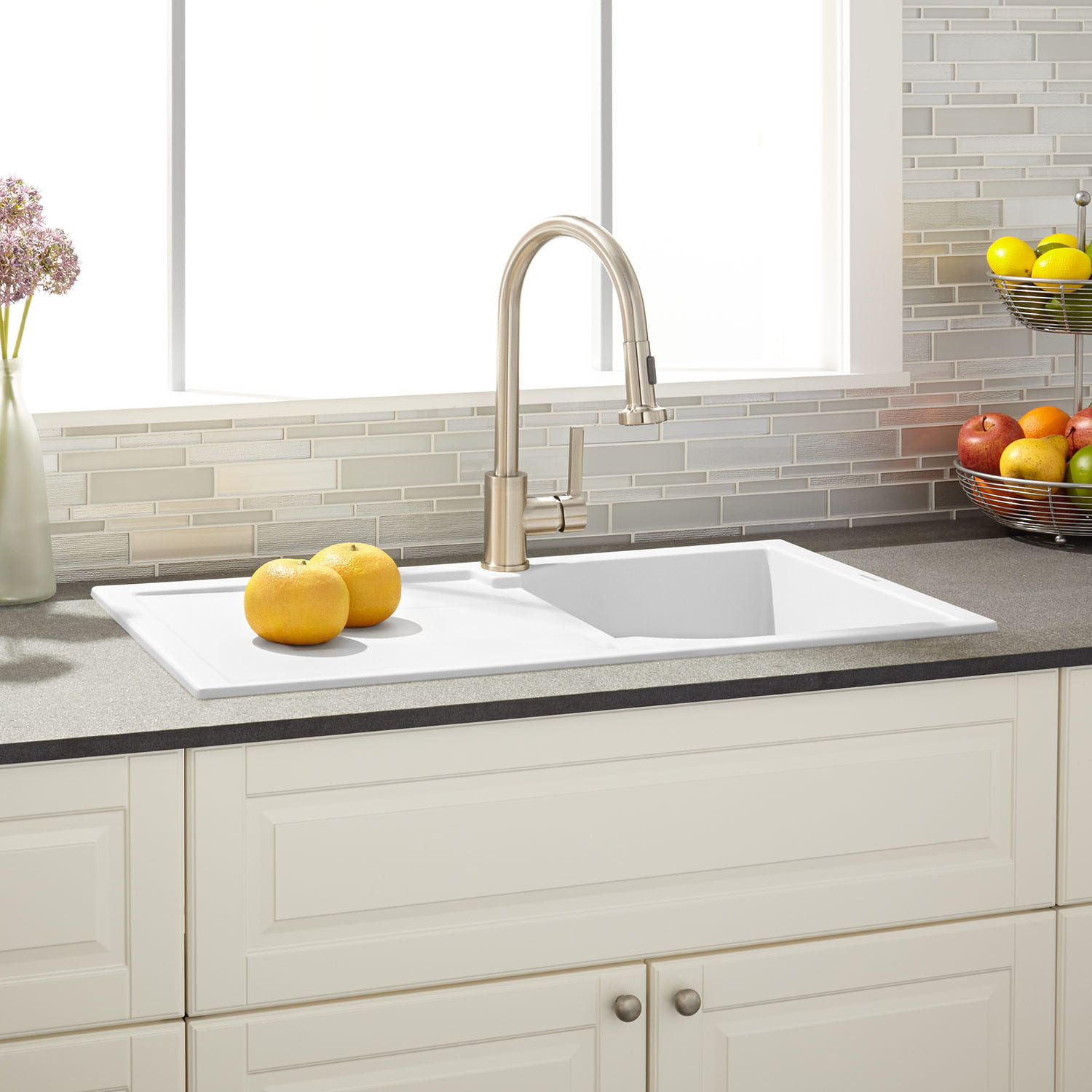 White Drop In Kitchen Sinks
 34" Allardt Drop In Granite posite Sink with Drainboard