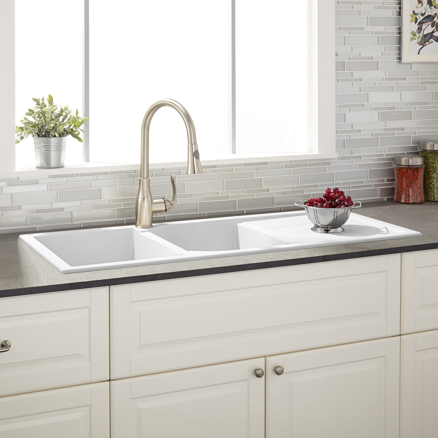 White Drop In Kitchen Sinks
 46" Tansi Double Bowl Drop In Sink with Drain Board