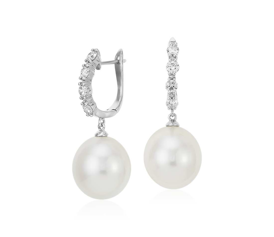 White Gold Pearl Earrings
 South Sea Cultured Pearl and Diamond Hoop Earrings 18k