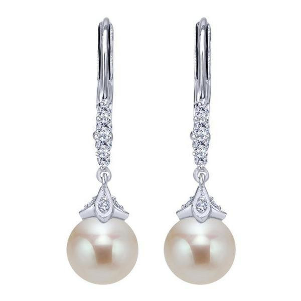 White Gold Pearl Earrings
 14k white gold pearl and diamond vintage style drop