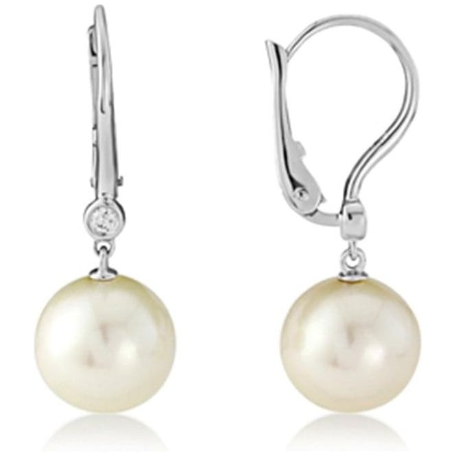 White Gold Pearl Earrings
 9ct White Gold Pearl & Diamond Drop Earrings by Owen