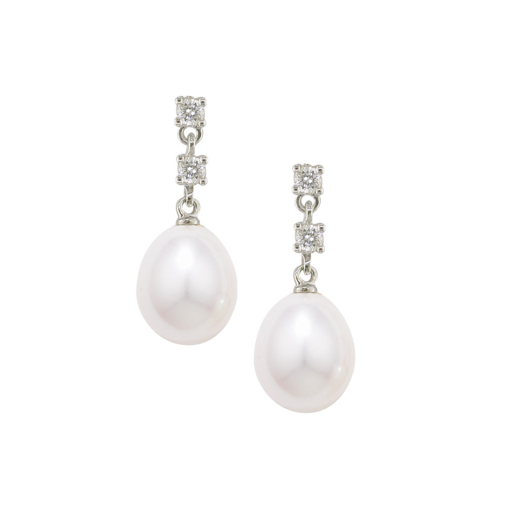 White Gold Pearl Earrings
 Classic Diamond and White Gold Pearl Drop Earrings