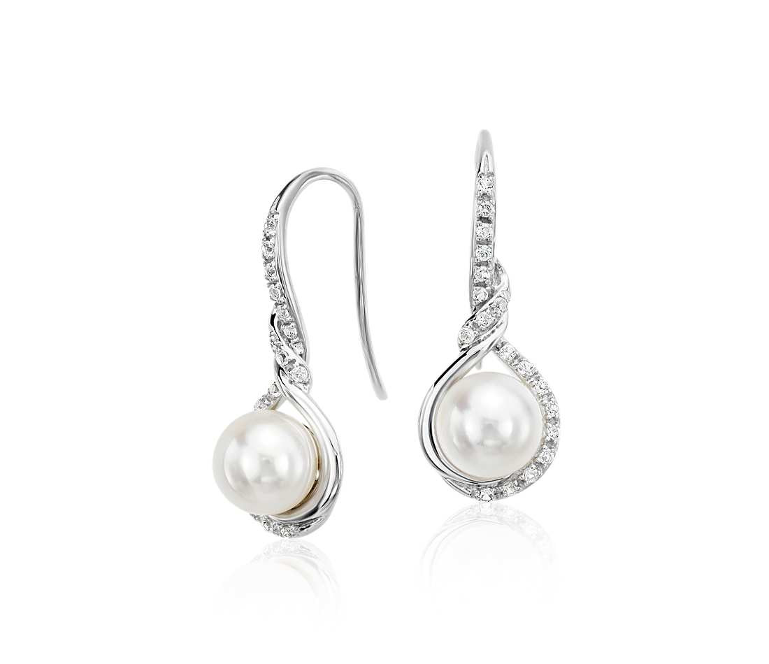White Gold Pearl Earrings
 Freshwater Cultured Pearl and White Sapphire Drop Earrings