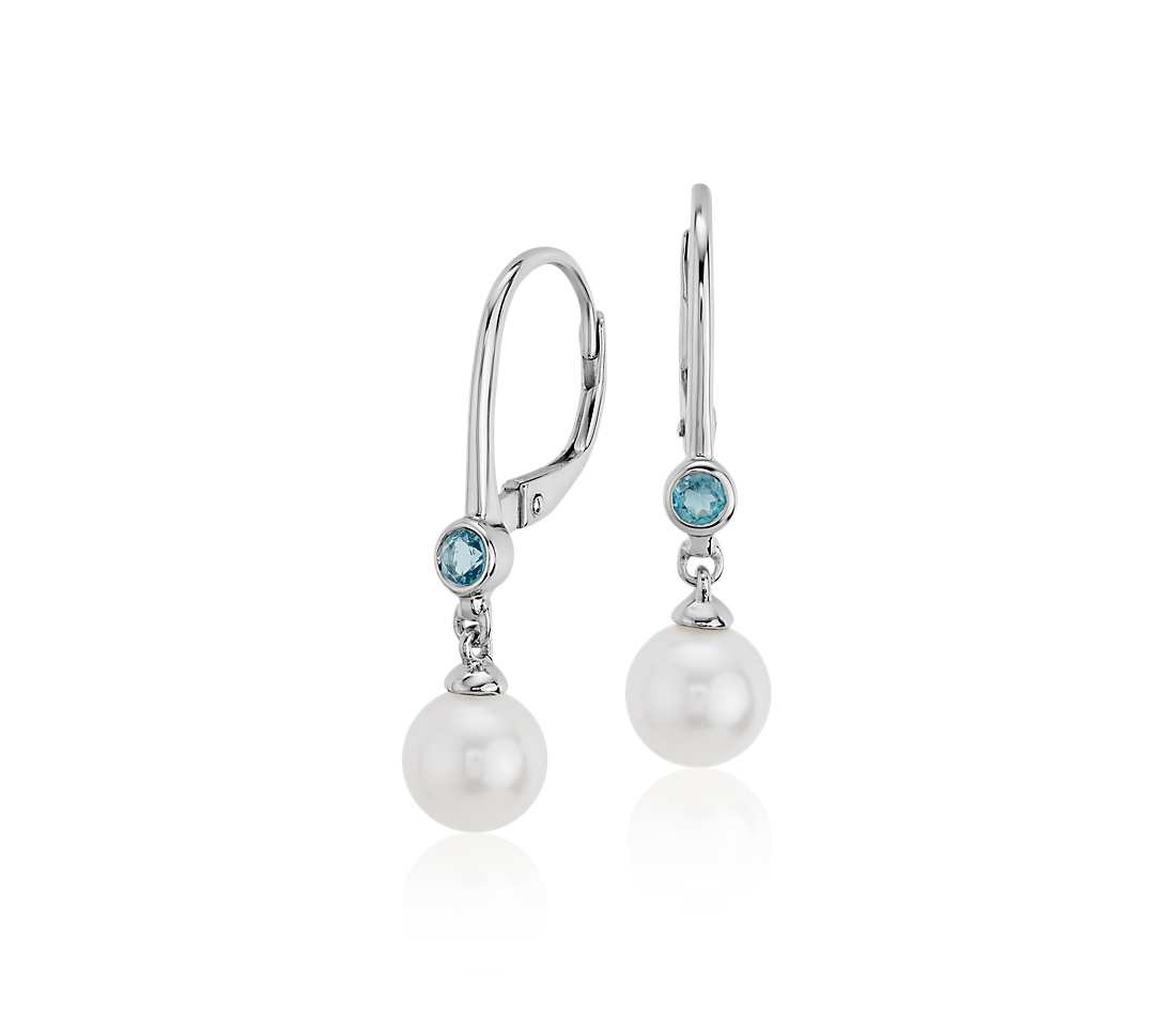 White Gold Pearl Earrings
 Freshwater Cultured Pearl and Blue Topaz Drop Earrings 14k