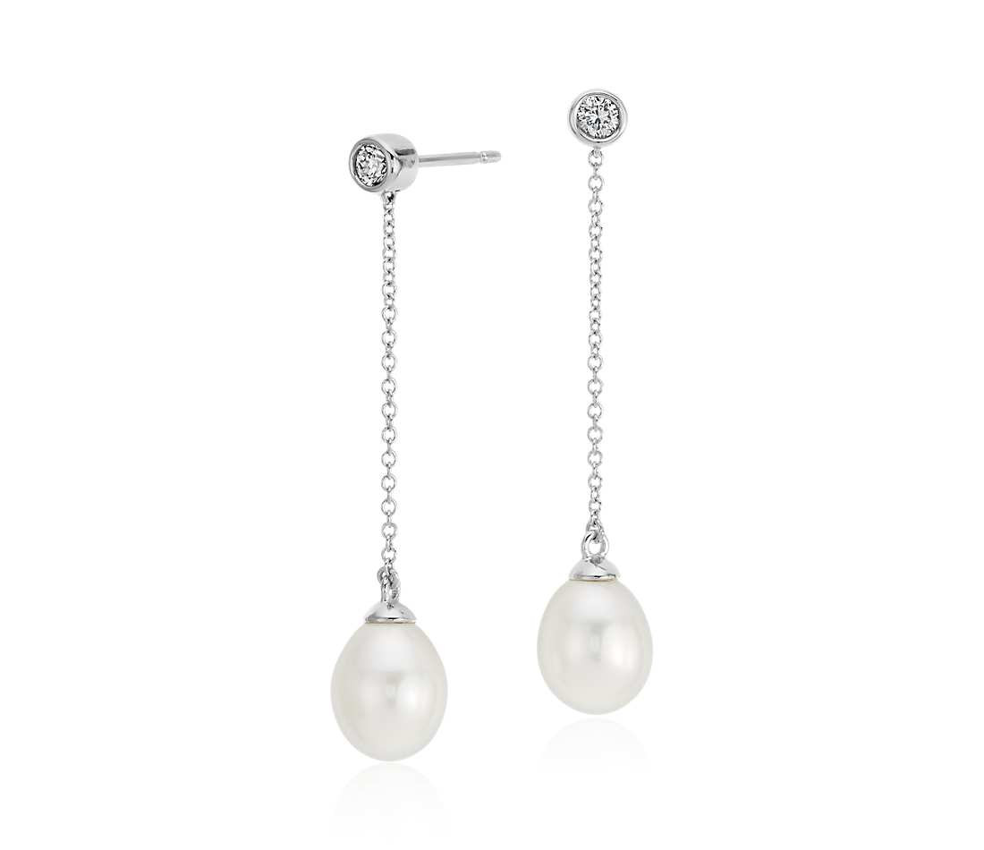 White Gold Pearl Earrings
 Freshwater Cultured Pearl and Diamond Drop Earrings in 14k