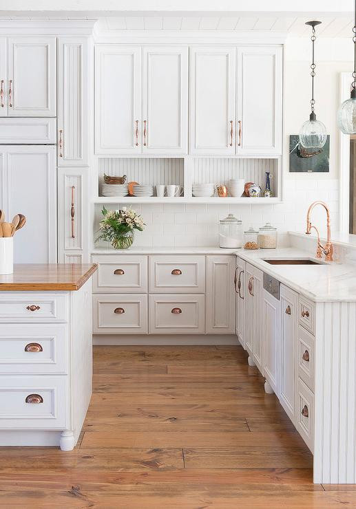 White Kitchen Cabinet Handles
 White Kitchen Cabinets with Copper Cup Pulls and Copper