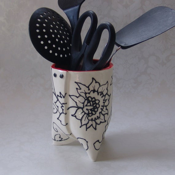 White Kitchen Utensil Holder
 ceramic utensil holder black & white RED kitchen by maryjudy