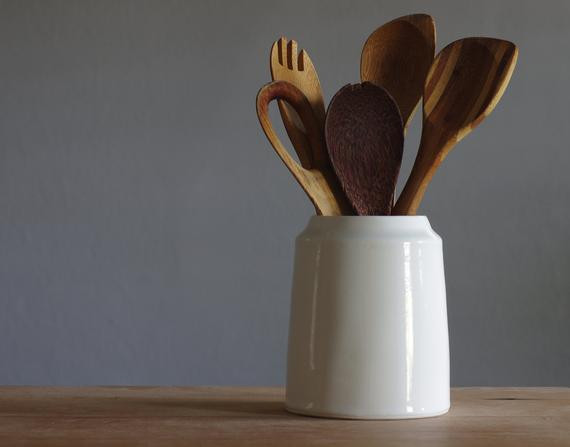 White Kitchen Utensil Holder
 Porcelain kitchen utensil holder or vase slightly tapered