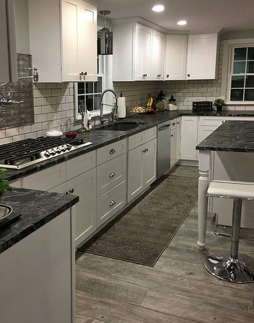 White Kitchen With Black Granite
 Black granite kitchen gray wood floors