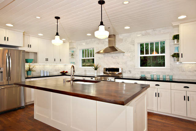 White Kitchen With Black Granite
 White Kitchen with wood island carrara backsplash black