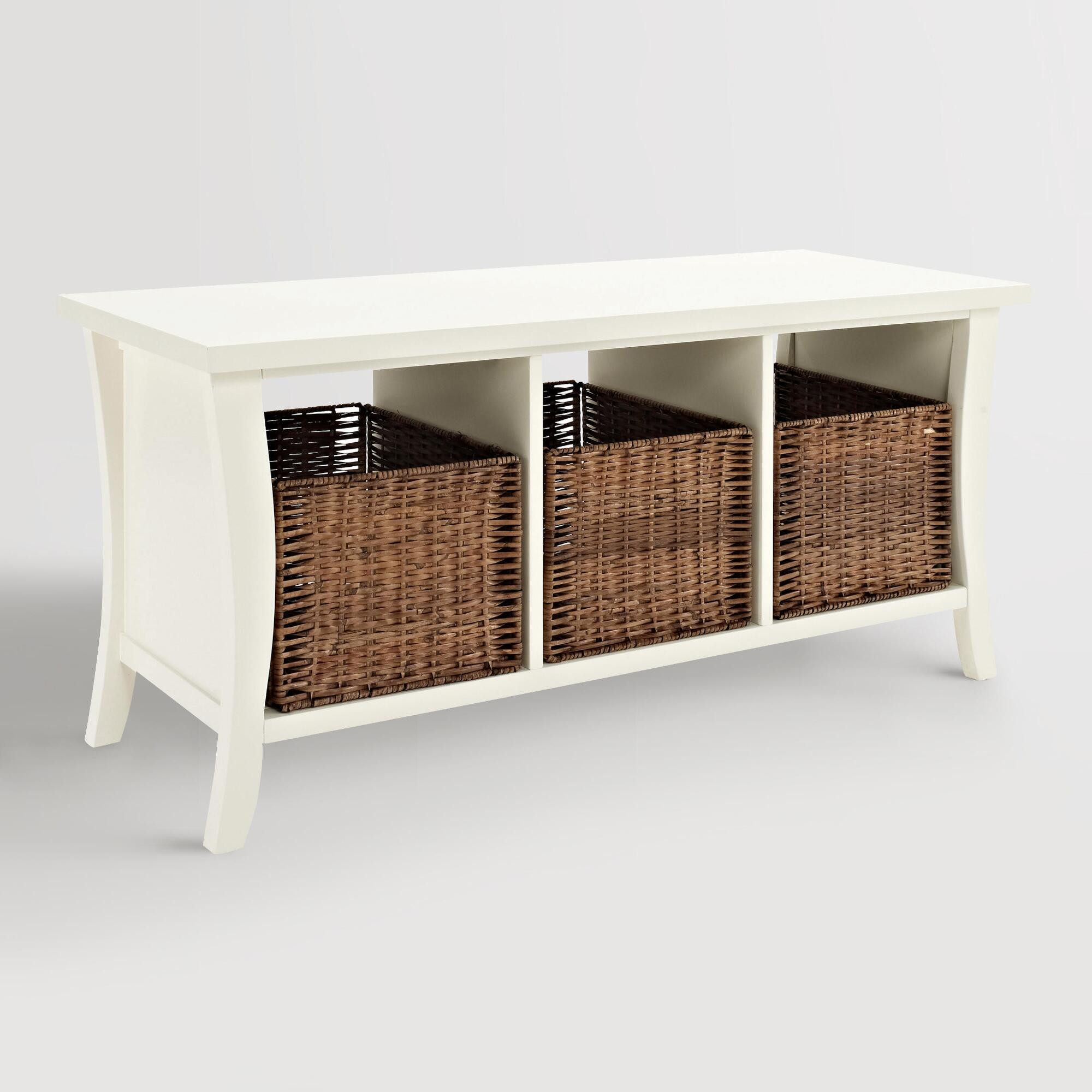 White Wooden Storage Bench
 White Wood Cassia Entryway Storage Bench with Baskets