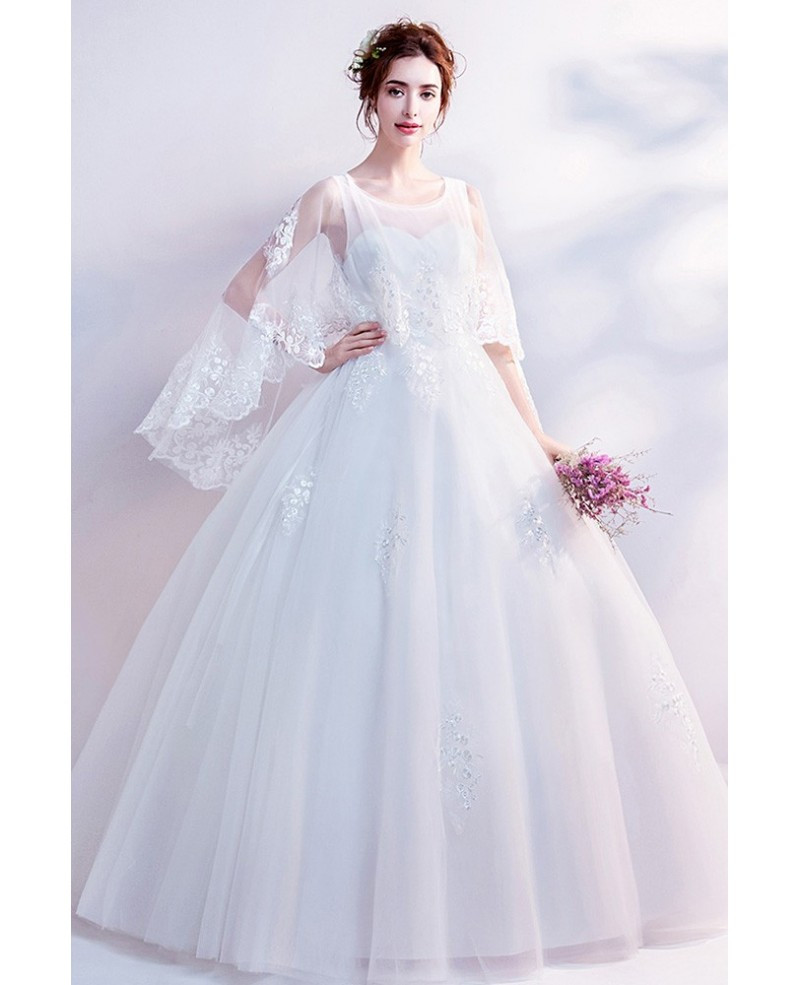 Wholesale Wedding Dresses
 Dreamy Lace Cape Sleeves Big Ball Gown Wedding Dress