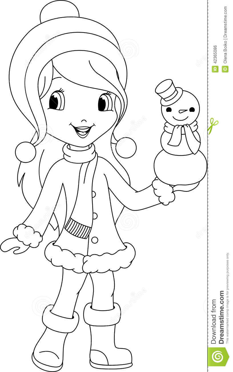 Winter Coloring Pages For Girls
 Girl And Snowman Coloring Page Stock Vector Image