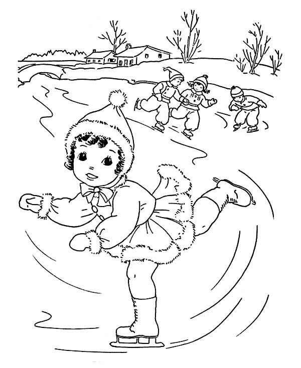 Winter Coloring Pages For Girls
 Cute Little Girl Playing Ice Skating on Winter Coloring