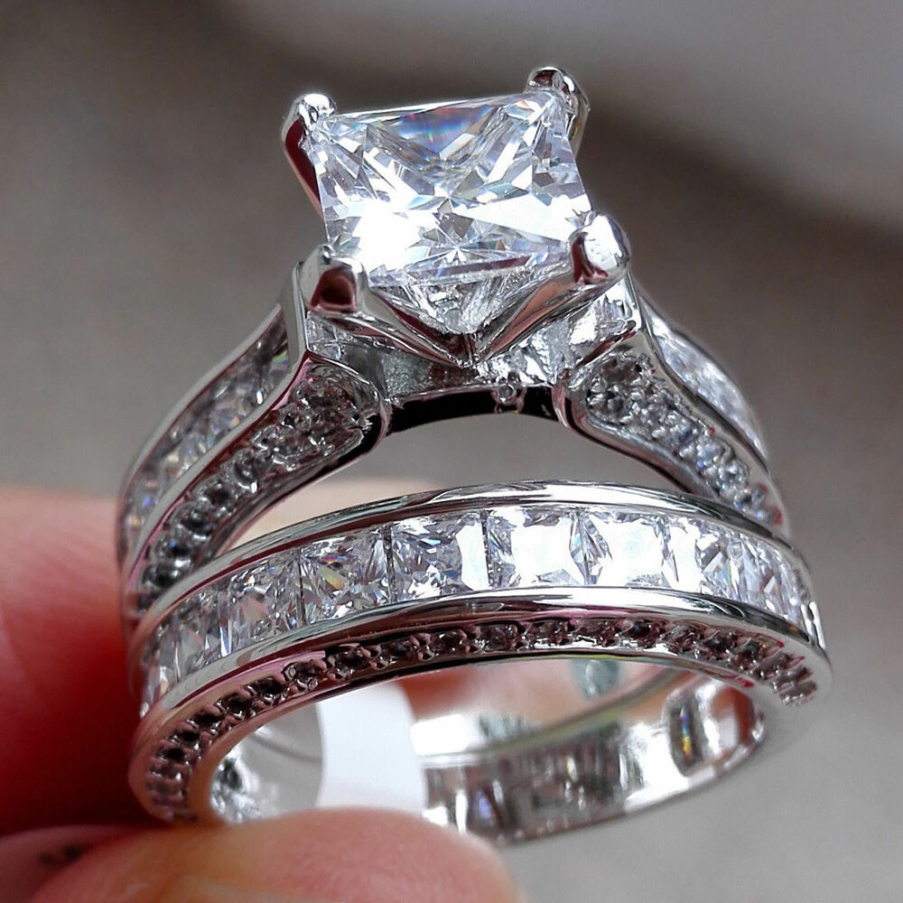 Women Wedding Rings
 Elegant Women 925 Silver Princess Cut White Topaz Ring Set