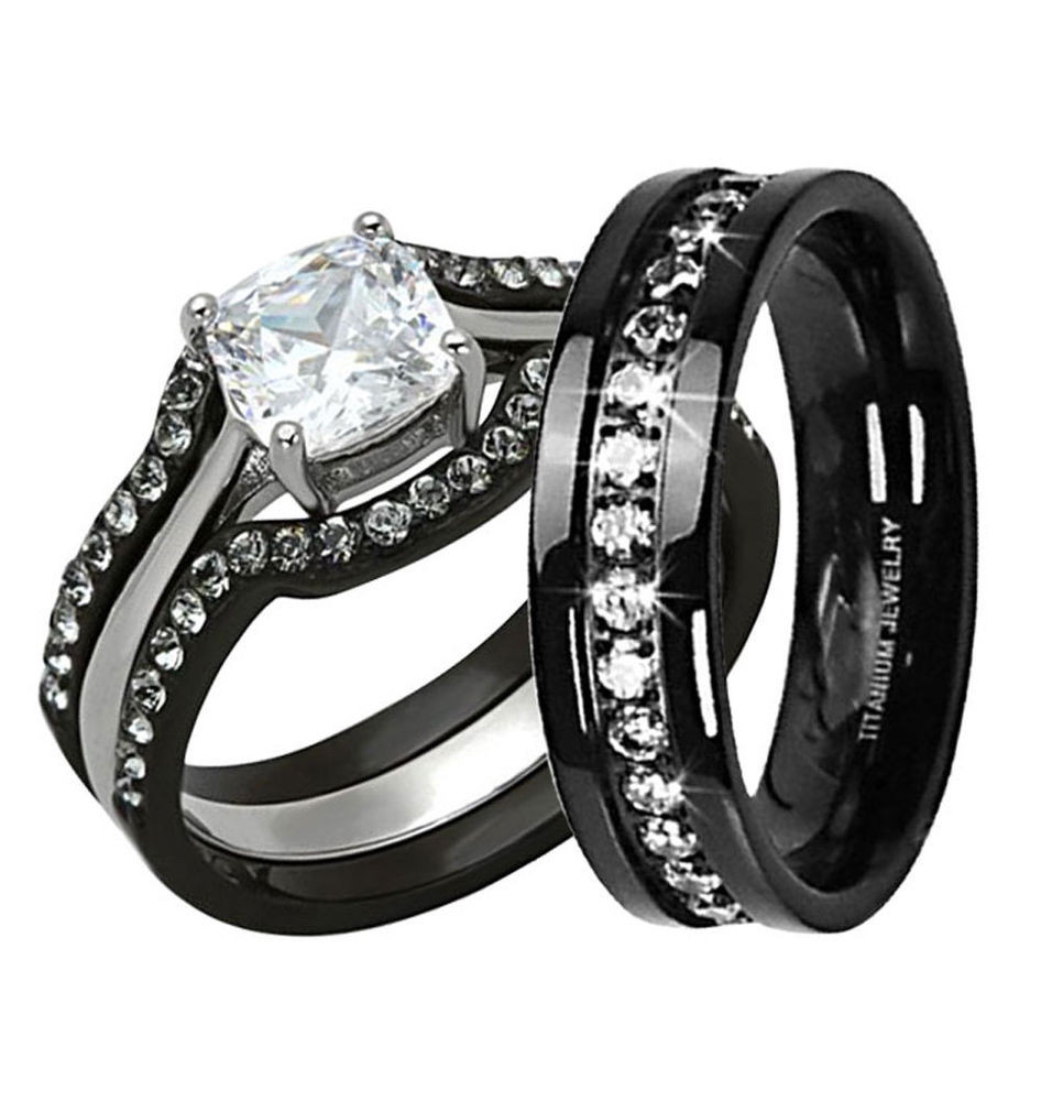 Womens Black Wedding Ring Sets
 His Hers 4 Pc Black Stainless Steel Titanium Wedding