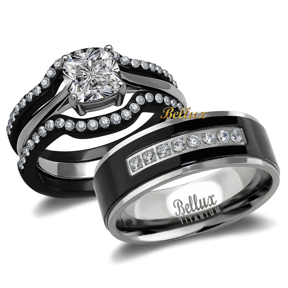 Womens Black Wedding Ring Sets
 His and Hers Titanium Stainless Steel CZ Bridal Matching