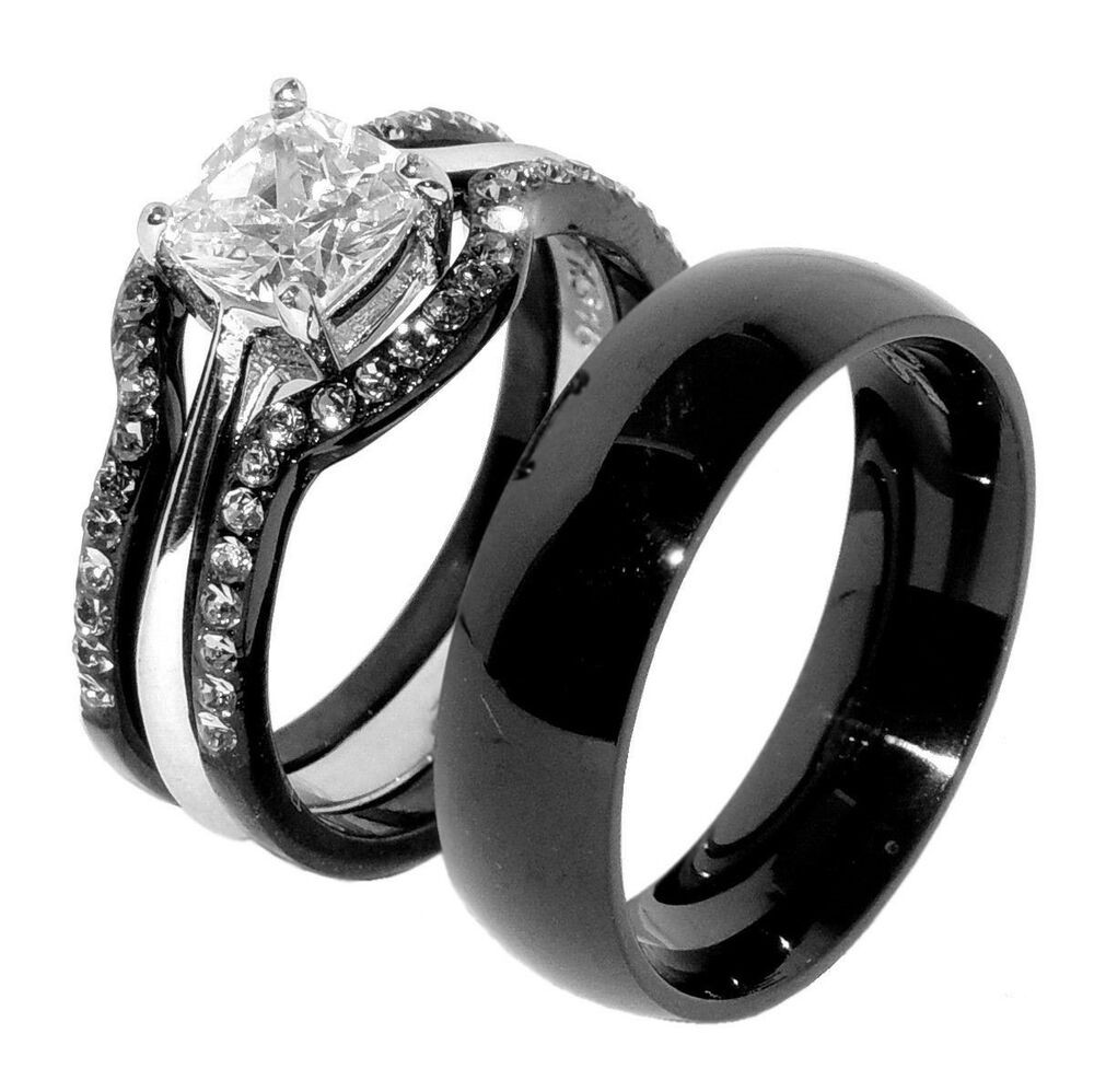 Womens Black Wedding Rings
 His & Hers 4 PCS Black IP Stainless Steel Wedding Ring Set