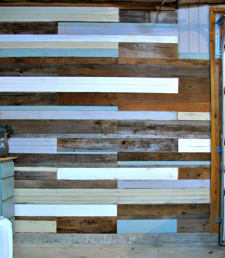 Wood Plank Walls DIY
 blue roof cabin DIY Plank Wall