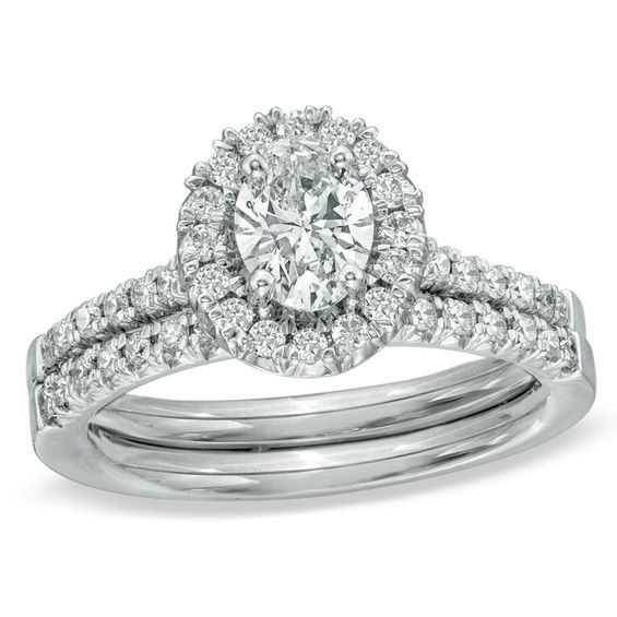 Zales Womens Wedding Rings
 3 4 CT T W Oval Diamond Frame Bridal Set in 14K White