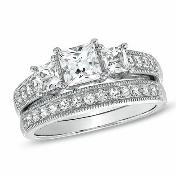 Zales Womens Wedding Rings Unique Princess Cut Lab Created White Sapphire Three Stone Of Zales Womens Wedding Rings 