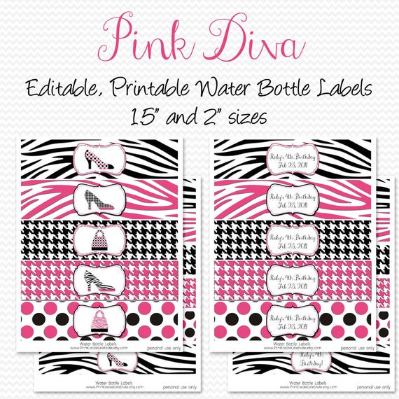 Zebra Print And Pink Birthday Party Ideas
 Water Bottle Labels Pink Diva Zebra Print Party Decorations
