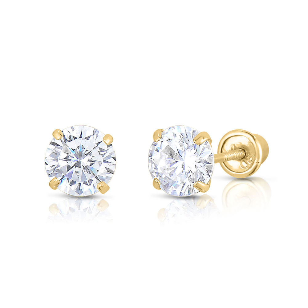Zirconia Stud Earrings
 Solid 14k Yellow Gold and Round Cubic Zirconia CZ