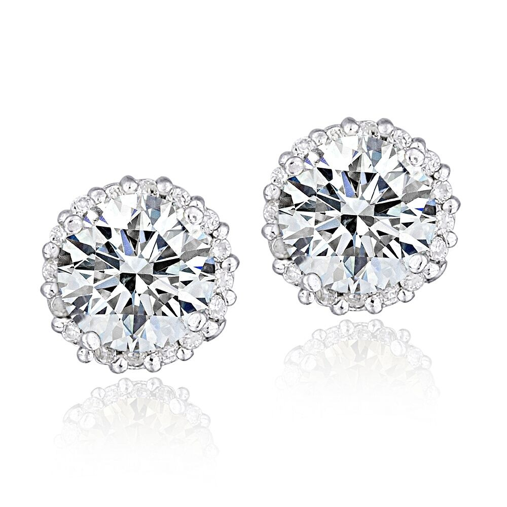 Zirconia Stud Earrings
 Platinum Plated Sterling Silver 2ct Cubic Zirconia Halo
