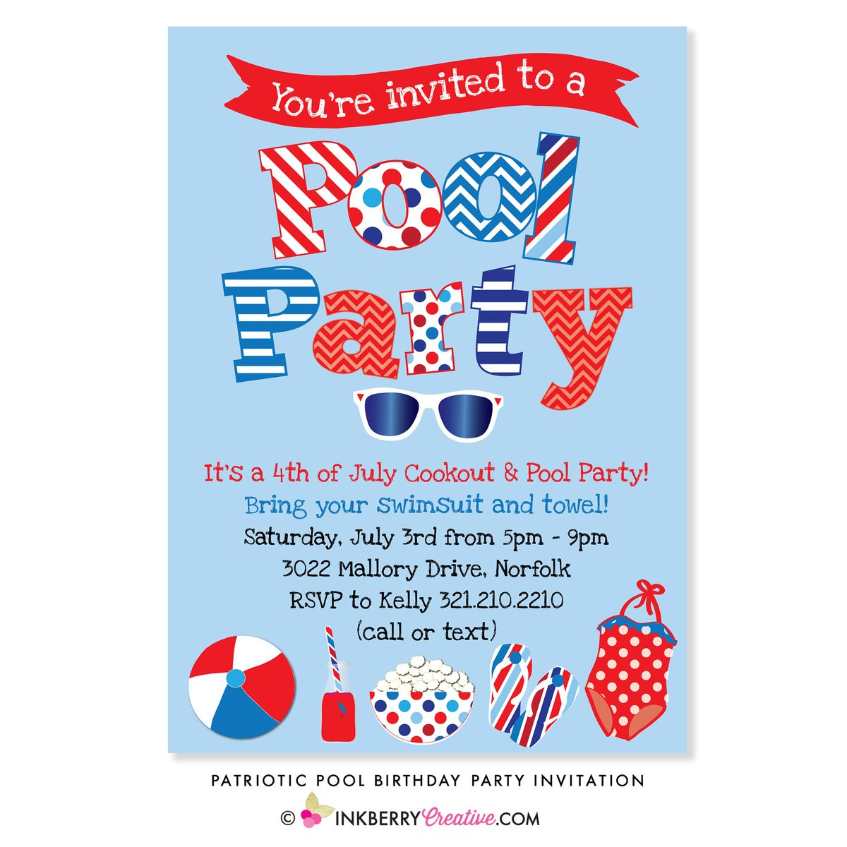 Memorial Day Pool Party
 Patriotic Pool Swimming Birthday Party Invitation Red