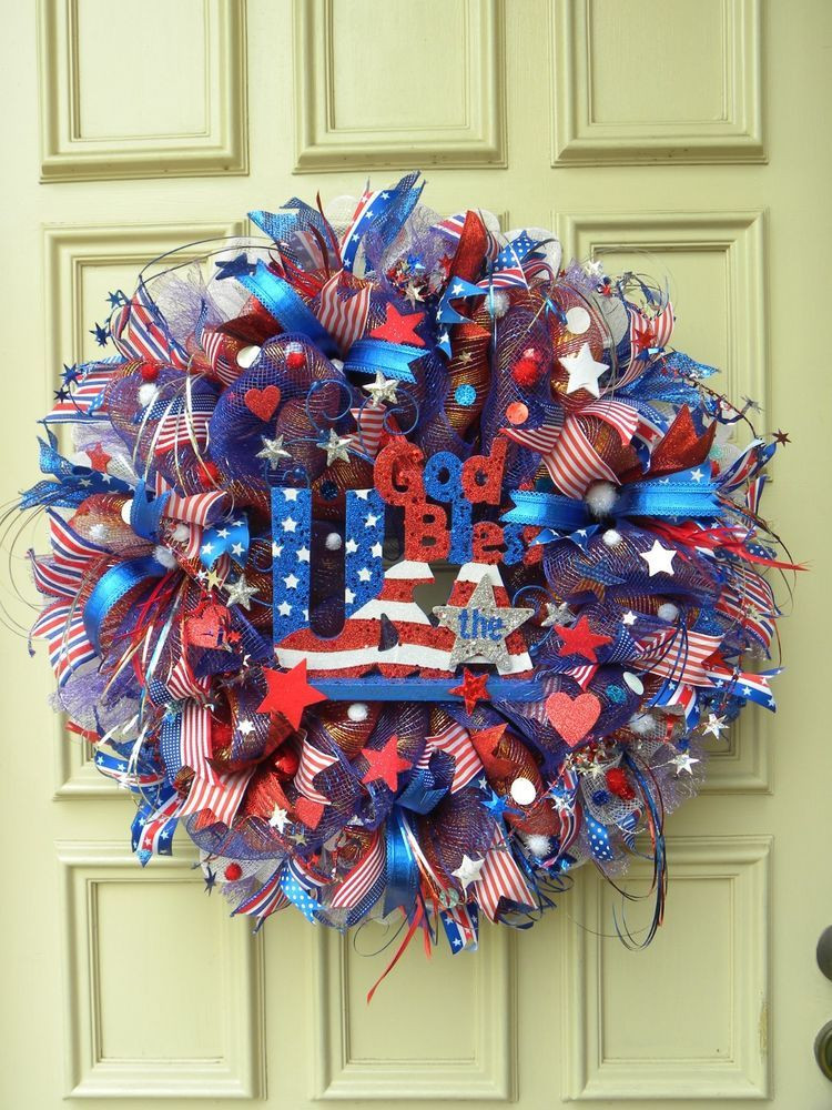 Memorial Day Wreath Ideas
 Whimsical Patriotic Deco Mesh Door Wreath July 4th