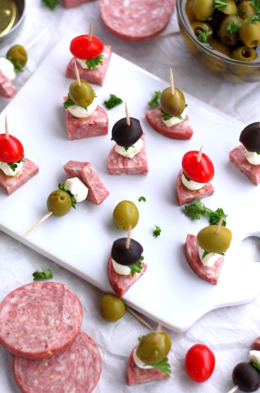 Summer Appetizers Finger Food
 Herb Marinated Mozzarella with Summer Sausage and Olives