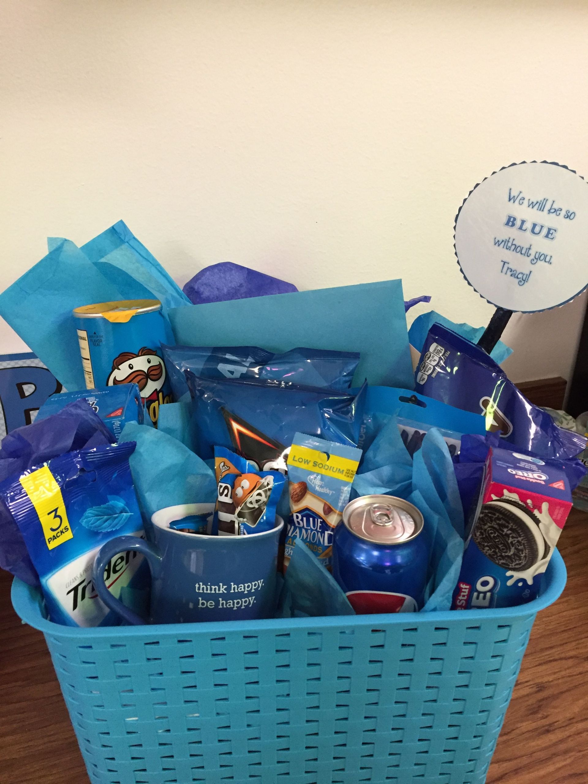 Going Away Gift Ideas For Girlfriend
 Coworker leaving "blue without you" going away basket